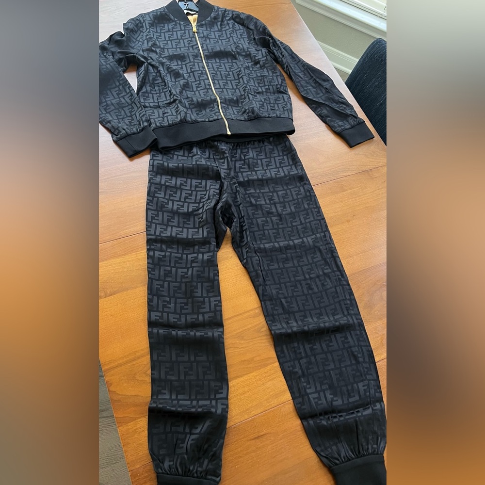 NWT $2250 Fendi Black FF Logo Track Suit Set Jacket Pants Sz 42 US 6 Two Piece